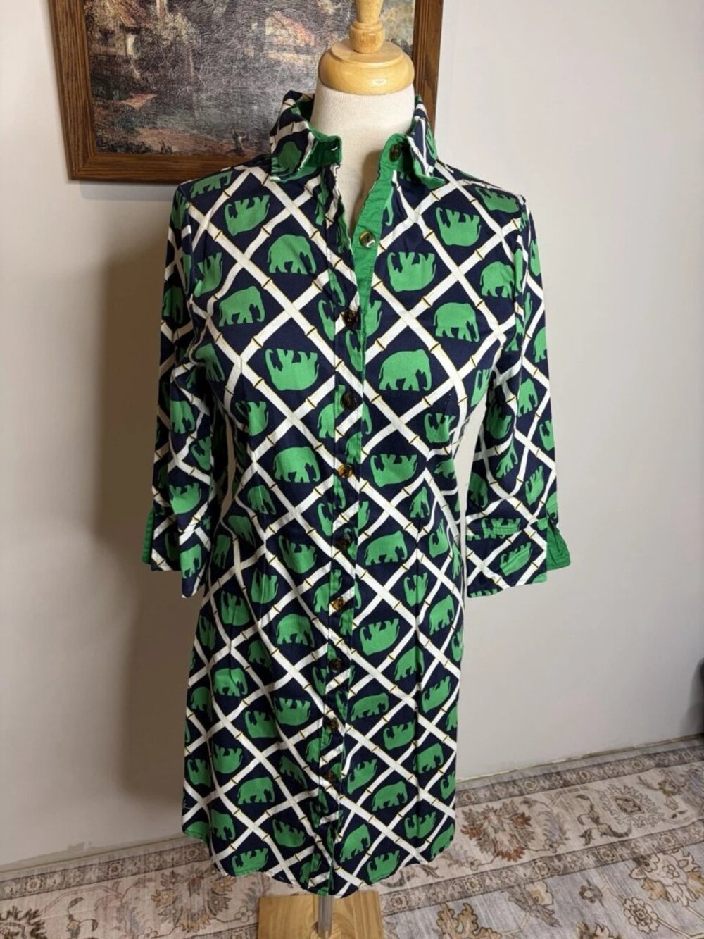 Haley & The Hound Elephant Print Shirt Dress Green Navy Size 10